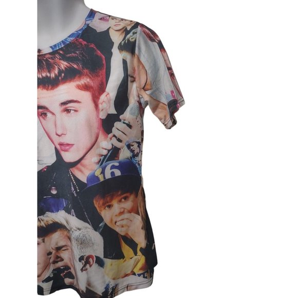 Justin Bieber All Over Print Pictures of Face Photos Stretch T Shirt M-L - Picture 2 of 7
